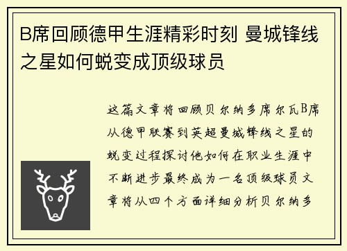 B席回顾德甲生涯精彩时刻 曼城锋线之星如何蜕变成顶级球员
